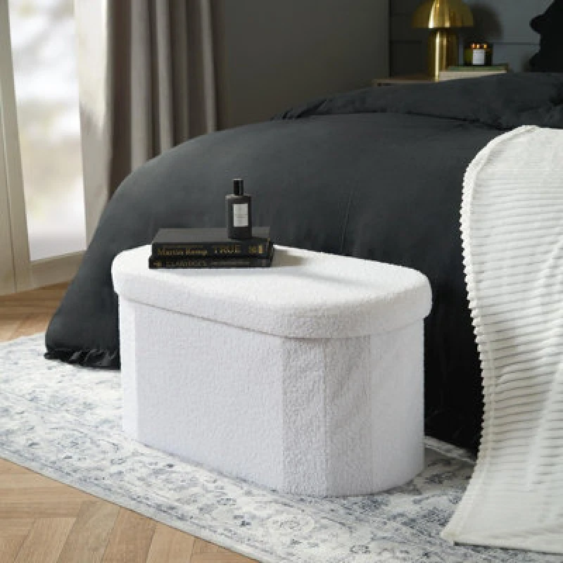 Image of OHS OHS Ottoman Storage Box Folding Footstool Space Saving Boucle - White White One Size Unisex 5027434215799