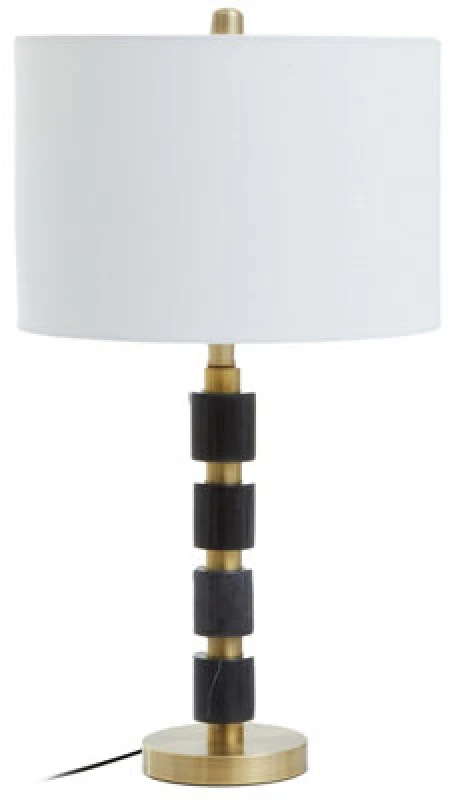 Image of Orsina Black Marble And Gold Table Lamp, Drum Ivory Shade With Brushed Metal Finish, Contemporary Bedside Light