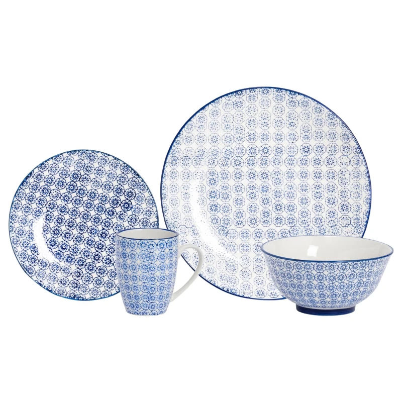Image of Nicola Spring 24 Piece Hand-Printed Dinner Crockery Set in Navy Navy Unisex