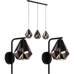 Image of 3 Bulb Ceiling Pendant Light & 2x Matching Wall Lights Black & Copper Geometric