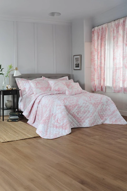 Image of The Lyndon Company Toile De Jouy Decorative Pencil Pleat Curtains in Pink Size: 183cm width x 168cm drop Pink