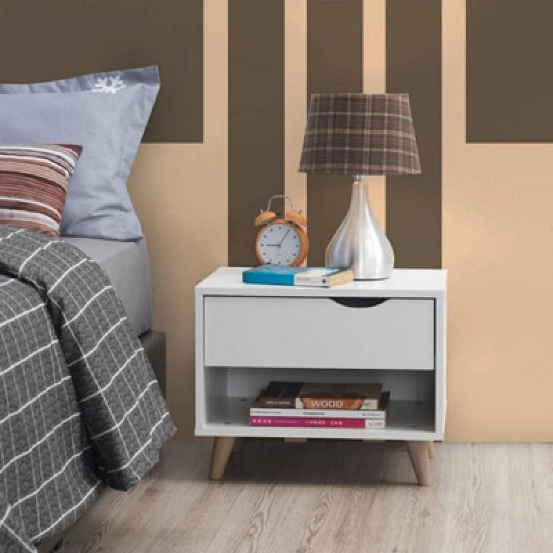 Image of Timber Art Design Pulford Bedside Table 1 Drawer Scandinavian Nordic Style White Nightstand