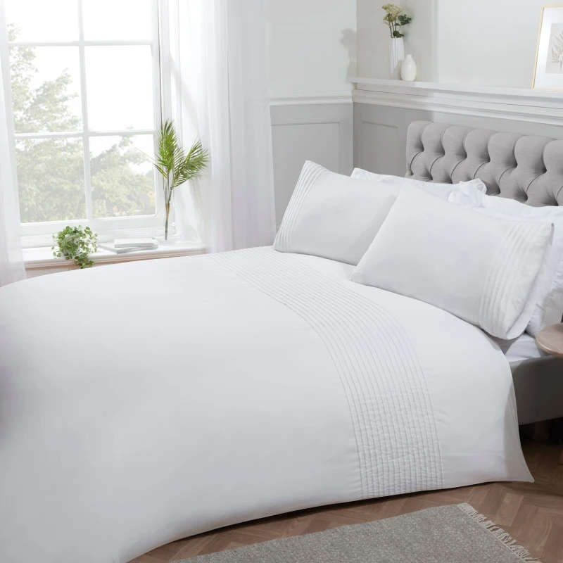 Image of Smart Living Smart Living Luxury Pintuck Pleated Striped Panel Duvet Cover With Pillowcases in White Size: King White King Unisex 5056242764151
