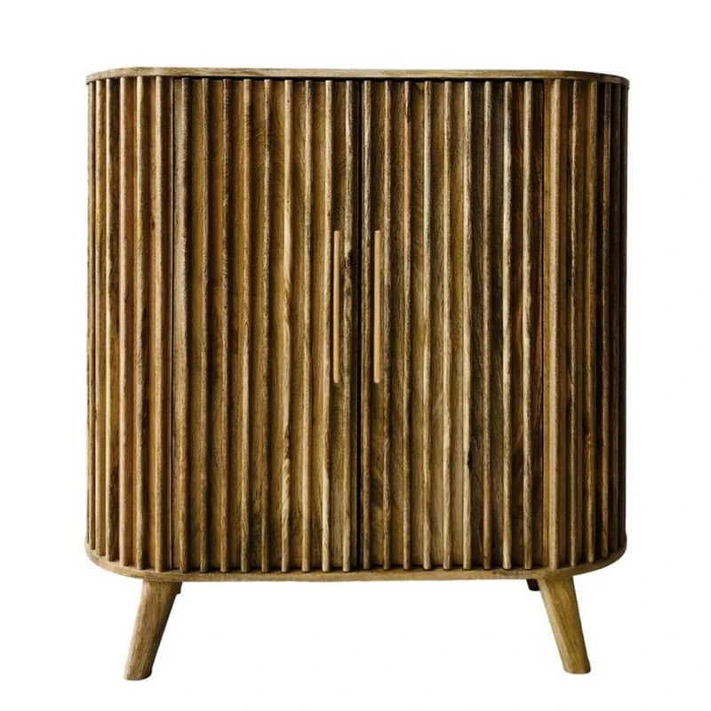 Image of Jaipur Furniture Ltd Slated 2 Door Highboard Cabinet - Mango Wood - L45 x W106.5 x H110cm - Light Finish - Assembly Required in Brown Brown Unisex