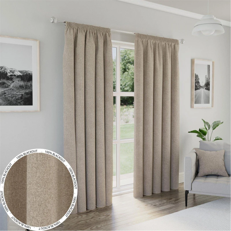 Image of Enhanced Living Dallas Natural 100% Blackout, Thermal, Linen Look Pair of Pencil Pleat Curtains Natural