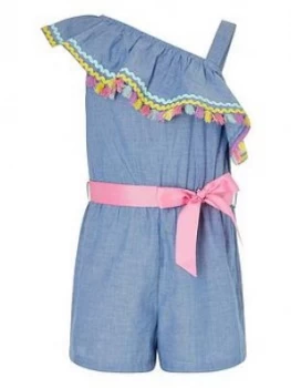 image of Monsoon Girls Chambray Ricrac One Shoulder Playsuit - Blue, Size 7-8 Years, Women