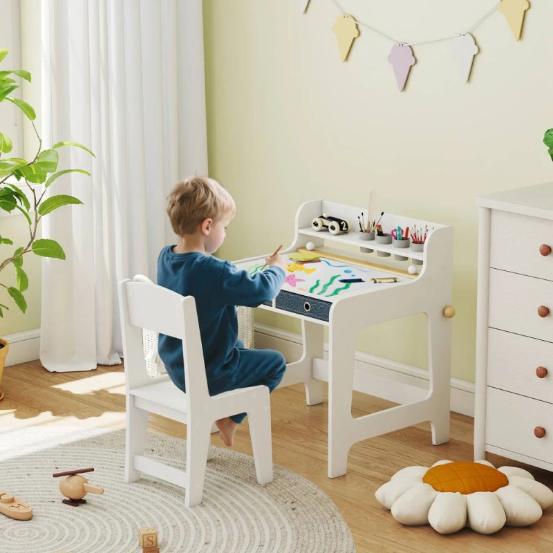 Image of AIYAPLAY Art Table and Chair Set for children with Drawers, White 312-154V80WT