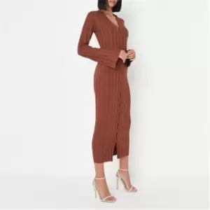 Missguided Rib V Neck Collared Midaxi Dress - Brown