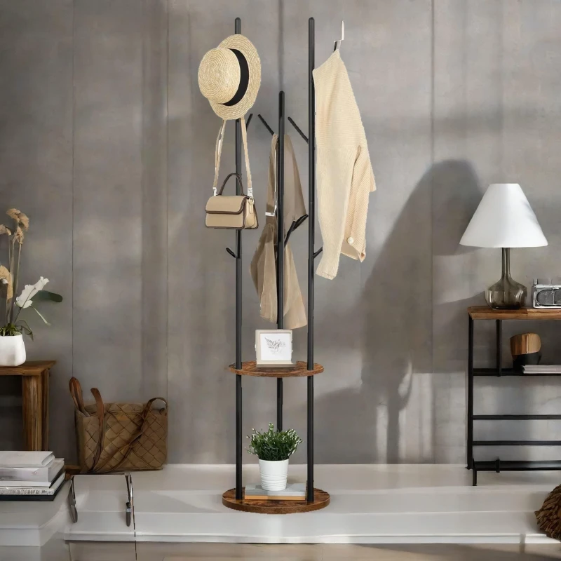 Image of Rafaelo Mobilia Industrial Rustic Coat Stand With 2 Shelves in Dark Brown Dark Brown Unisex