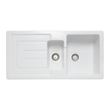 image of 1.5 Bowl Inset White Ceramic Kitchen Sink with Reversible Drainer - Rangemaster Austell