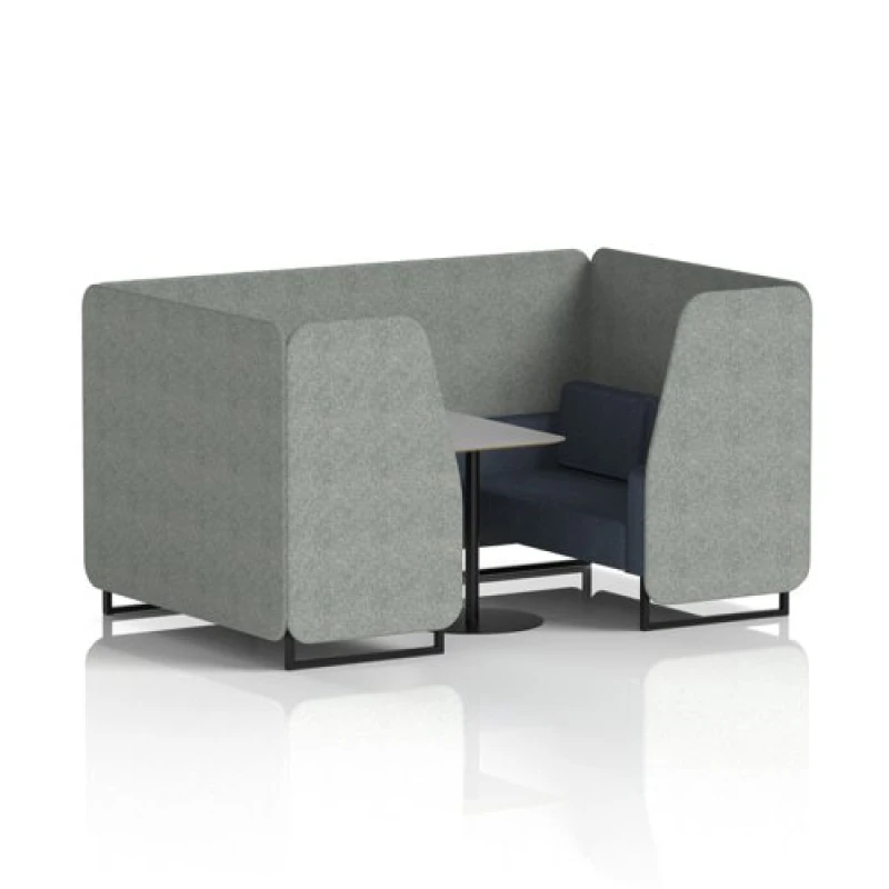 Image of Brixworth 4 Seater Office Booth with Front Panel - Black Legs and Grey Table with Black Leg in Rivet Fabric - Prime Panels and Crucible Sofa