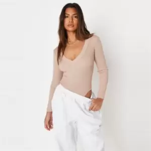 Missguided Petite Skinny Rib Knitted V Neck Body - Neutral