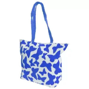 Image of FLOSO Womens/Ladies Straw Woven Butterfly Print Top Handle Handbag (One Size) (White/Blue)