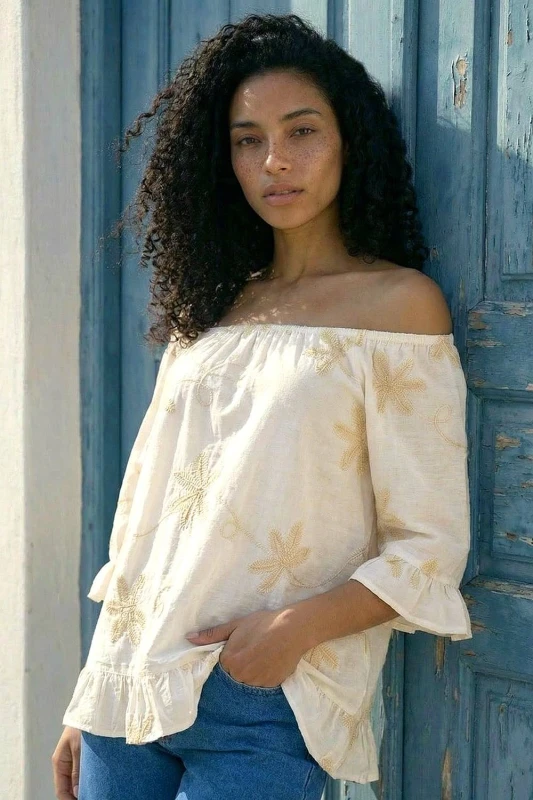 Image of Roman Womens Floral Embroidered Bardot Top in Ivory Size: 18 Ivory Female 18