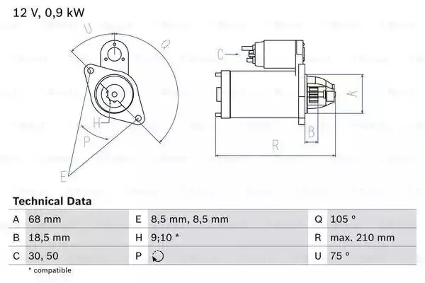 Image of Bosch 0986017120 Starter Motor 1712 12 V 0,9 kW Output BOSCHSTARTER-0986017120