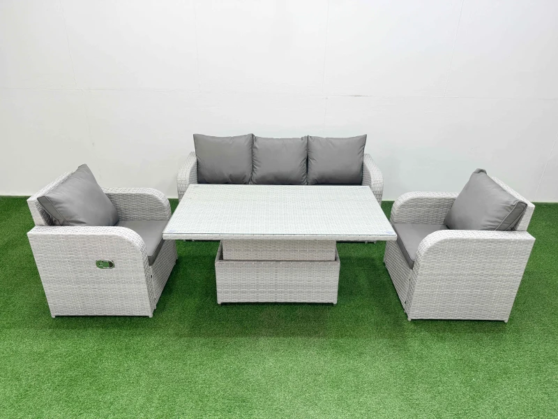 Image of Fimous PE Rattan Garden Furniture Set Reclining Chair Sofa Lounge Sofa Set Adjustable Lifting Dining or Coffee Table Light Grey Light Grey