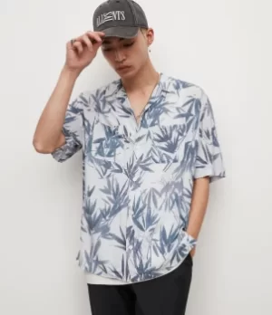 Image of AllSaints Mens Bambusa Bamboo Leaf Shirt, White/Blue, Size: S