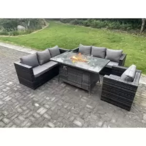 Image of Fimous 7 Seater Dark Grey Outdoor Rattan Gas Fire Pit Sofa Dining Complete Set with Heater Burner,