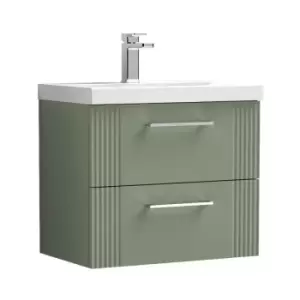 Image of Nuie Deco Satin Green 600mm Wall Hung 2 Drawer Vanity Unit with 40mm Profile Basin - DPF893A - Satin Reed Green