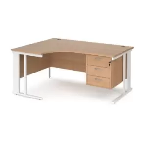 Image of Office Desk Left Hand Corner Desk 1600mm With Pedestal Beech Top With White Frame 1200mm Depth Maestro 25 MCM16ELP3WHB