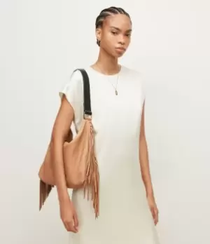 image of AllSaints Womens Edbury Fringe Leather Shoulder Bag, Palisade Tan