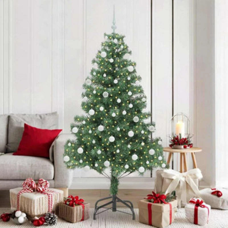 Image of vidaXL Christmas Tree with 300 LEDs, White Balls with Stand Green 180cm PVC, Green 3396383