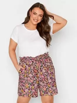 Image of Yours Paper Bag Waist Short Floral Bright, Black, Size 16, Women