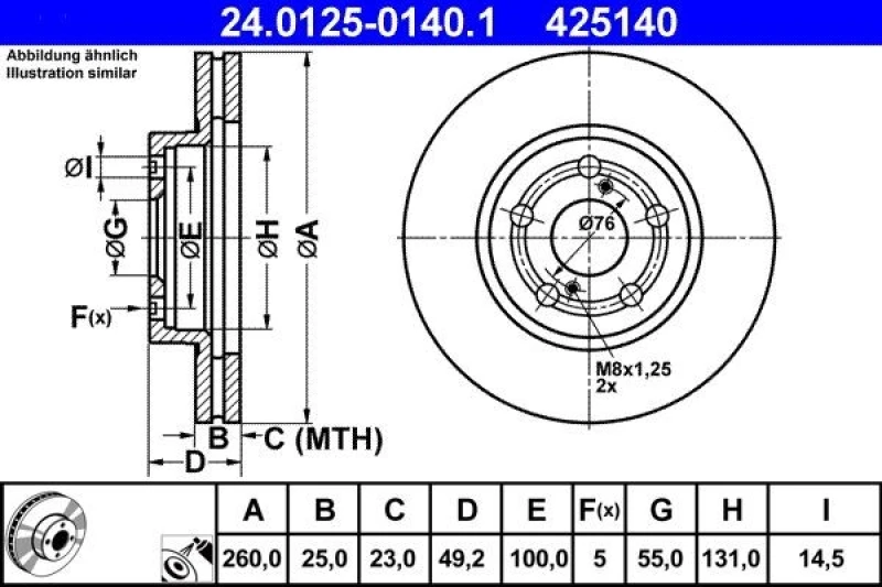 Image of ATE 24.0125-0140.1 Brake disc Vented, Coated Brake Disc (82)