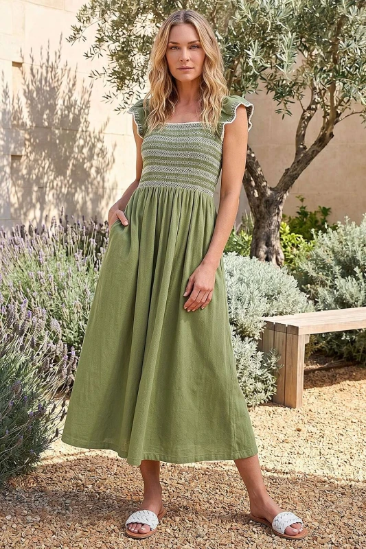 Image of Roman Womens Petite Contrast Shirred Midi Dress in Khaki Size: 16 Khaki Female 16