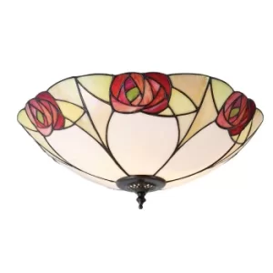 Image of Ingram 2 Light Large Ceiling Flush Light Dark Bronze, Tiffany Glass, E27