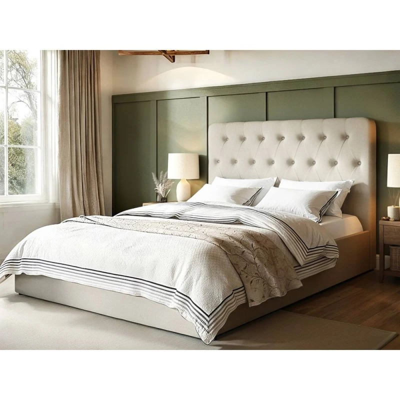 Image of Flair Marley Buttoned Headboard Ottoman Bed Beige Linen Size: Double Beige Unisex Double