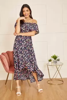 image of Navy Bardot Floral High Low Maxi Dress