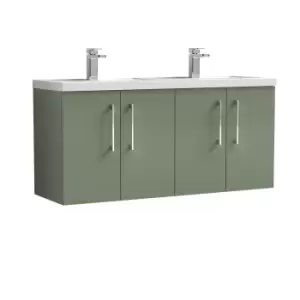 image of Nuie Arno 1200mm Wall Hung 4 Door Vanity & Double Polymarble Basin Satin Green