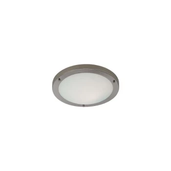 image of Rondo - 1 Light Flush Ceiling Light Brushed Steel, Opal Glass IP54, E27 - Firstlight