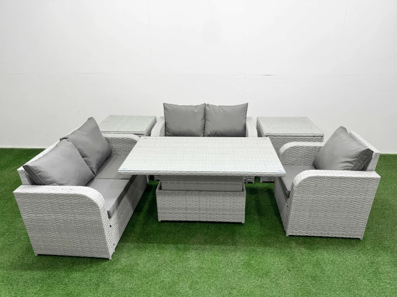 Image of FIMOUS Fimous High Back Poly Rattan Garden Furniture Set with Reclining Chair Loveseat Sofa Adjustable Lifting Dining or Coffee Table Indoor Outdoor P