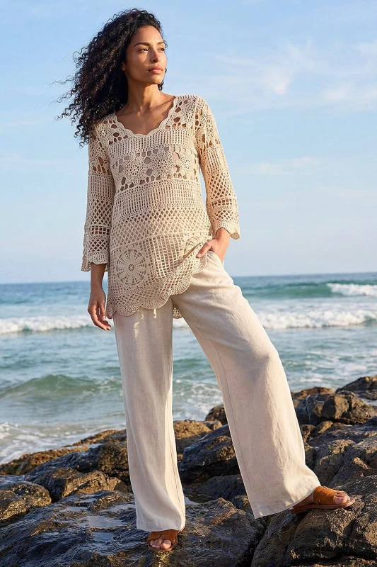 Image of Roman Womens Floral Crochet Tunic Top in Natural Size: 14 Natural Female 14