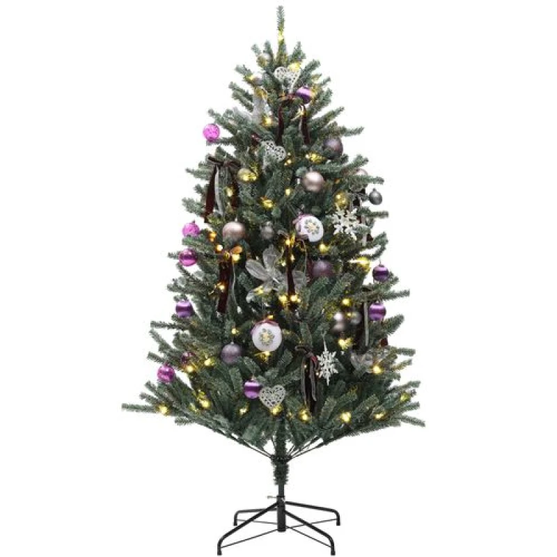 Image of HOMCOM Artificial Prelit Christmas Tree w/ LED Lights, Purple Ornaments Green