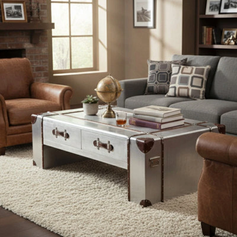 Image of Orsina Coffee Table, Industrial Coffee Table, Aluminium Plated Silver Coffee Table, Modern Coffee Table With Storage
