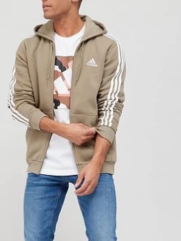 Image of adidas 3-Stripe Fleece Zip Hoodie - Khaki, Khaki/White, Size 2XL, Men
