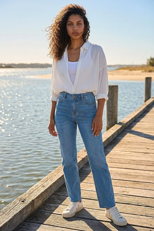 Image of Roman Womens Petite Stretch Straight Leg Jeans in Mid Blue Size: 8 Mid Blue Female 8