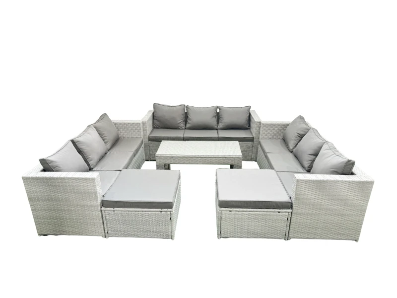Image of Fimous Rattan Garden Outdoor Furniture Set 11 Seater Garden Sofa Oblong Coffee Table Set with 2 Big Footstools Light Grey Mixed Light Grey