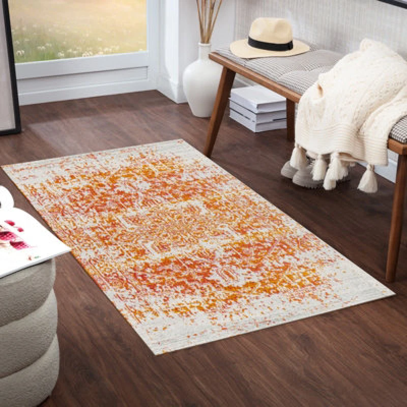 Image of Livabliss Vintage Oriental Boho Orange/white Juliette Area Rug 80 X 150 Cm - Easy Care, Non Shedding, Ideal For Living Room & Bedroom
