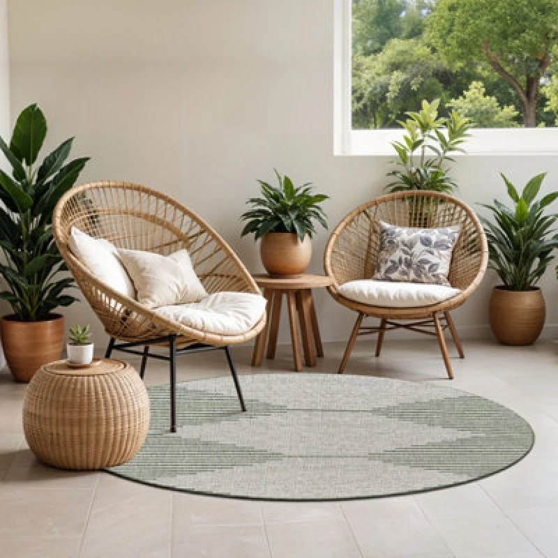 Image of Livabliss Round In- & Outdoor Global Moss/grey Dolly Area Rug 160 X 160 Cm - Easy To Clean, Perfect For Balcony, Kitchen Or Dining Room