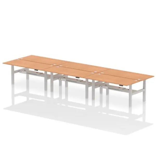 Image of Air Air Back-to-Back 1800 x 800mm Height Adjustable 6 Person Bench Desk Oak Top with Cable Ports Silver Frame HASCP6P18800OAKS