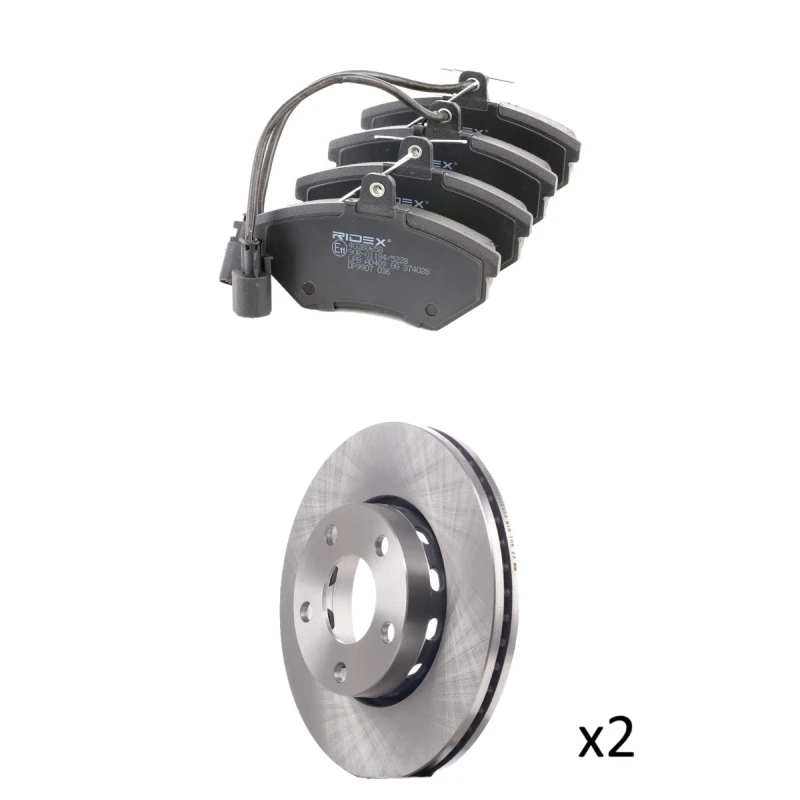 Image of RIDEX 3405B3087 Brake disc and pads set Front Axle, Brake Disc Type: internally vented, incl. wear warning contact Brake Set,disc brakes (3405)
