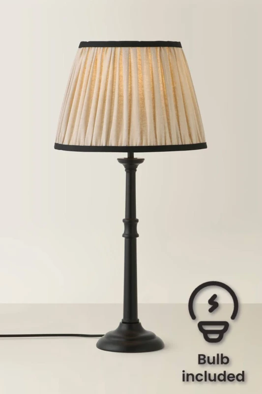 Image of ValueLights Clara Candlestick Table Lamp with Linen Pleated Lamp Shade & Bulb in Black Unisex