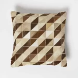 Image of Diamond Check Cream & Brown Leather Cushion 45 x 45cm - Cream & Brown - Homescapes