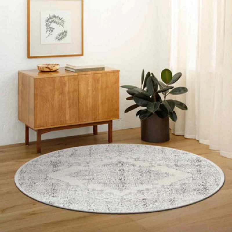 Image of Livabliss Round Vintage Oriental Boho Cream Ceren Area Rug 200 X 200 Cm - Easy Care, Non Shedding, Ideal For Living Room & Bedroom