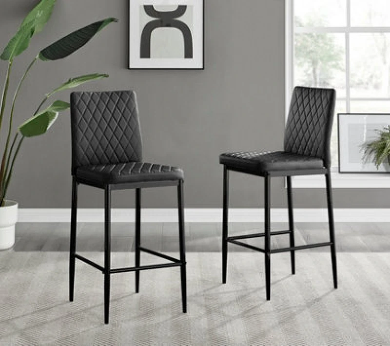 Image of Furniturebox Milan Black Diamond-Stiched Faux Leather Black Leg Padded Bar Stools (Set Of 2)