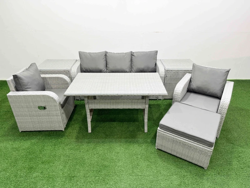 Image of Fimous PE Rattan Garden Furniture Set Reclining Chair Sofa Lounge Sofa Set Rectangular Dining Table 2 Side Table Big Footstool Light Grey Light Grey